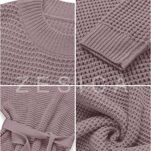 ZESICA Women's Long Sleeve Waffle Knitted Tie Wasit Tunic Pullover Sweater Dress